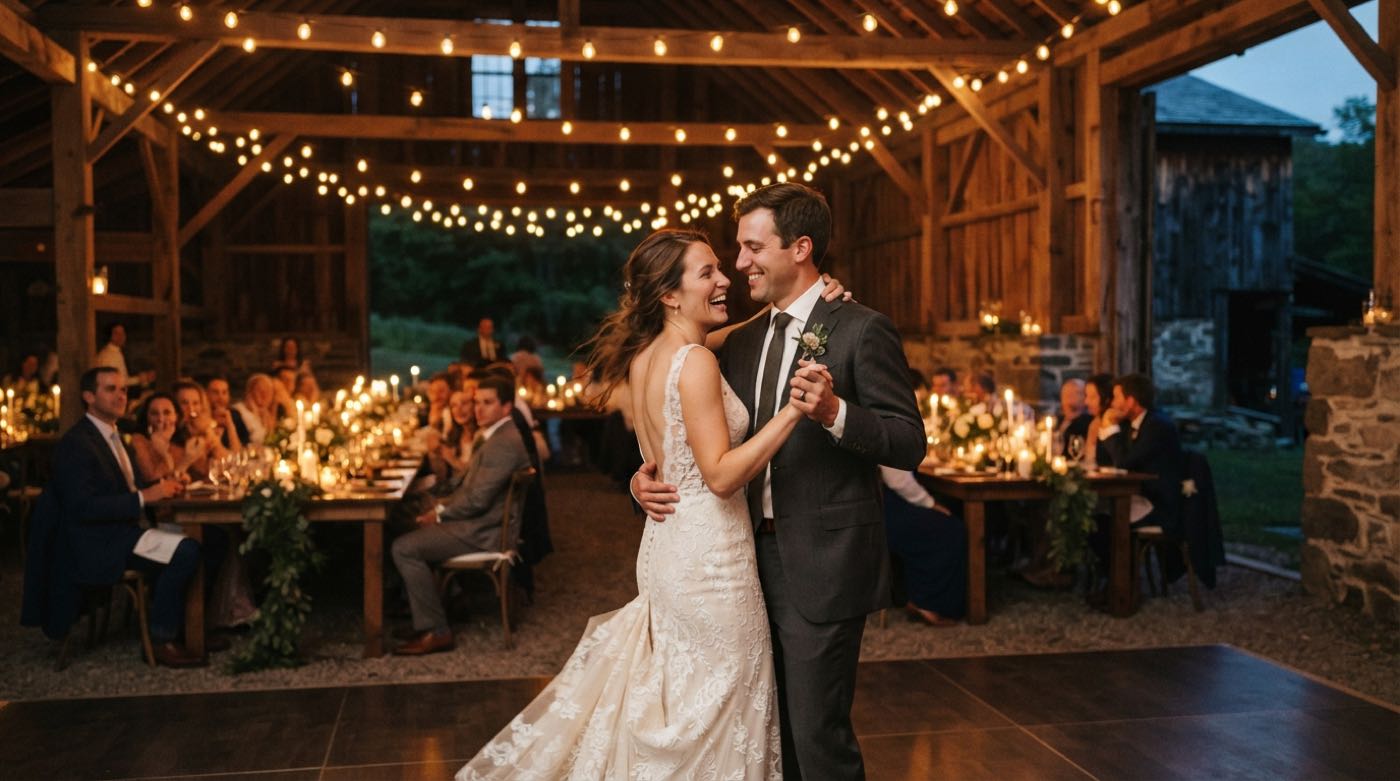 A couple dancing under string lights in a Hudson Valley barn